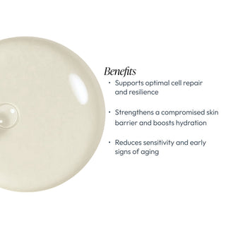 Circadia Cyto-Comm Revitalizing Serum benefits graphic showing it supports optimal cell repair and resilience, strengthens compromised skin barrier, and reduces sensitivity and early signs of aging