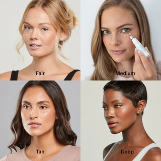 Colorescience Total Eye 3-in-1 Renewal Therapy SPF35 shade range shown on four models with Fair, Medium, Tan and Deep skin tones