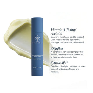 Circadia Nighttime Repair Plus Retinol Cream tube with key ingredients: Vitamin A Retinyl Acetate for DNA repair and cell renewal, SK-Influx ceramide complex to enhance moisture retention, and Synchrolife to combat blue light damage and reduce puffiness and wrinkles