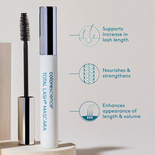 Colorescience Total Lash Mascara benefits infographic showing supports increase in lash length, nourishes and strengthens, and enhances appearance of length and volume