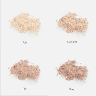 Colorescience Sunforgettable Brush-On Sunscreen SPF50 powder shade swatches showing four shades: Fair, Medium, Tan and Deep