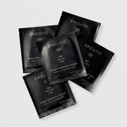 Five Epicutis Lipid Recovery Mask single-use black foil packets fanned out on a light gray background