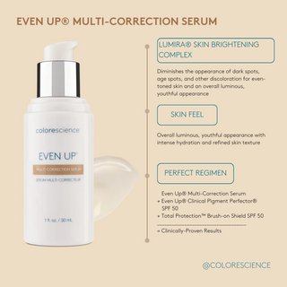 Colorescience Even Up Multi-Correction Serum 1 fl oz infographic highlighting Lumira Skin Brightening Complex for dark spots, hydration, and recommended SPF regimen.