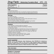 Drug facts panel for Illuminare Moisturizing Foundation-Blush OTC-170 listing active ingredients zinc oxide 7% and titanium dioxide 2.4% as sunscreen, with uses, warnings, and directions for SPF sun protection