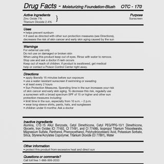 Drug facts panel for Illuminare Moisturizing Foundation-Blush OTC-170 listing active ingredients zinc oxide 7% and titanium dioxide 2.4% as sunscreen, with uses, warnings, and directions for SPF sun protection