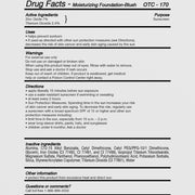 Drug facts panel for Illuminare Moisturizing Foundation-Blush OTC-170 listing active ingredients zinc oxide 7% and titanium dioxide 2.4% as sunscreen, with full inactive ingredient list, uses, warnings, and SPF directions