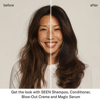 Split before-and-after comparison showing a woman with long dark hair — frizzy and unstyled on the left, smooth and voluminous on the right — with text crediting SEEN Shampoo, Conditioner, Blow-Out Creme, and Magic Serum for the result.