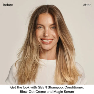 Split before-and-after comparison showing a woman with long blonde highlighted hair — frizzy and unstyled on the left, smooth and polished on the right — with text crediting SEEN Shampoo, Conditioner, Blow-Out Creme, and Magic Serum for the result.