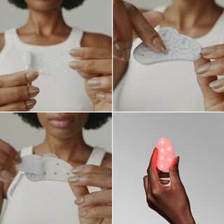 Four-step usage guide for the Omnilux Mini Eye Brightener: powering on the device, peeling the hydrocolloid patch backing, and attaching the flexible device under the eye using the included hydrocolloid patch.