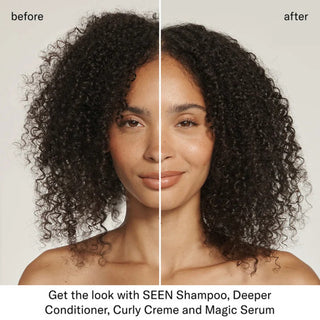 Split before-and-after comparison showing a woman with natural curly dark hair — frizzy and voluminous on the left, defined and moisturized on the right — with text crediting SEEN Shampoo, Deeper Conditioner, Curly Creme, and Magic Serum for the result.
