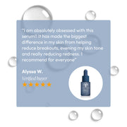 Five-star verified customer review for Circadia Serum 71 Renewal Serum praising its ability to reduce breakouts, even skin tone, and reduce redness