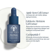 Circadia MeriStem Antioxidant Serum 15ml navy dropper bottle with key ingredients: apple stem cell extract, edelweiss meristem cell extract, and cyclopeptide-5 for anti-aging and firming