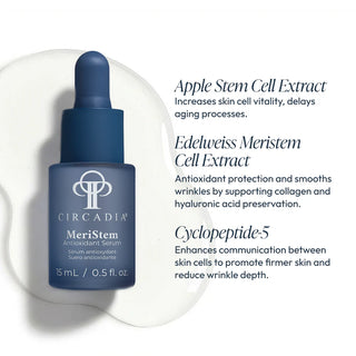 Circadia MeriStem Antioxidant Serum 15ml navy dropper bottle with key ingredients: apple stem cell extract, edelweiss meristem cell extract, and cyclopeptide-5 for anti-aging and firming