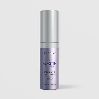 A single cylindrical skincare bottle labeled ALASTIN Rejuvenate by Calderma, shown on a clean light gray background. The bottle has a metallic silver cap and a lavender-purple lower body with black and purple text.