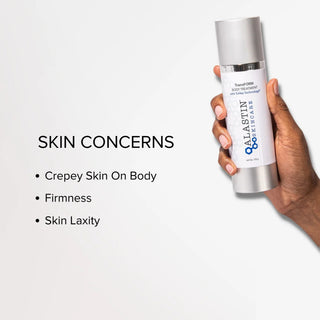 Hand holding ALASTIN TransFORM Body Treatment, for crepey skin, firmness, and laxity