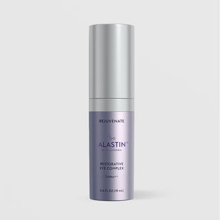 ALASTIN Restorative Eye Complex with TriHex+ 0.6 fl oz (18 mL) silver and purple pump bottle on light gray background