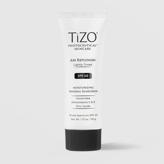 TiZO Photoceutical AM Replenish Lightly Tinted SPF 40 moisturizing mineral sunscreen 50g in white tube with black cap with ceramides and zinc oxide