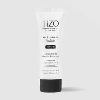 TiZO Photoceutical AM Replenish Non-Tinted SPF 40 moisturizing mineral sunscreen 50g in white tube with black cap with ceramides and zinc oxide