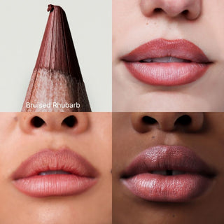 Bruised Rhubarb lip liner pencil tip and lip swatches on three skin tones