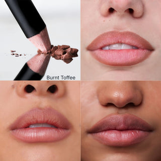 Burnt Toffee lip liner pencil tip and lip swatches on three skin tones
