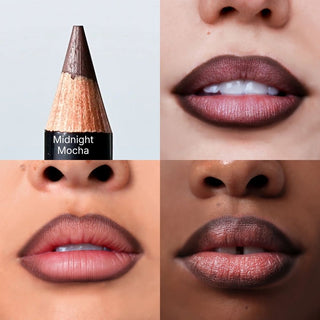 Midnight Mocha lip liner pencil tip and lip swatches on three skin tones