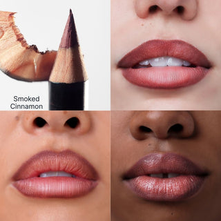 Smoked Cinnamon lip liner pencil tip and lip swatches on three skin tones