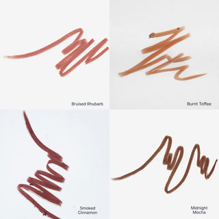 Swatches of ANFISA Ceramide Lip Liner shades: Bruised Rhubarb, Burnt Toffee, Smoked Cinnamon, Midnight Mocha
