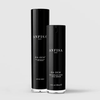 Anfisa Skin AN-DEW 10% Azelaic Acid and PHA Serum shown in 50ml and 30ml sizes in black pump bottles