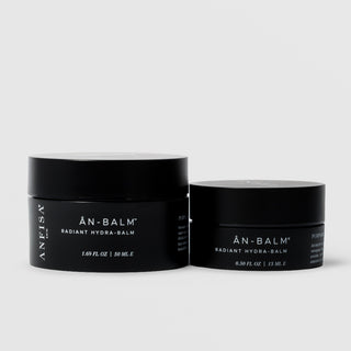 Anfisa Skin AN-BALM Radiant Hydra-Balm shown in 50ml and 15ml sizes in black jars