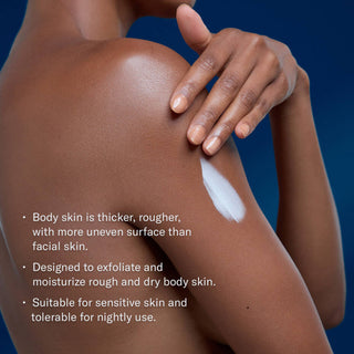 Skinbetter AlphaRet Body Overnight Cream – model applying cream to shoulder showing exfoliating moisturizer for dry rough body skin