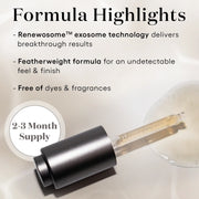 Plated Hair Science Hair Serum dropper pipette with formula highlights: Renewosome exosome technology, featherweight formula, fragrance-free, 2–3 month supply
