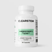 CLEARSTEM MINDBODYSKIN 2 Hormonal Acne Dietary Supplement 90 capsules without 5-HTP featuring Vitamin A, DIM, B5, Turmeric, and Glutathione on grey background.