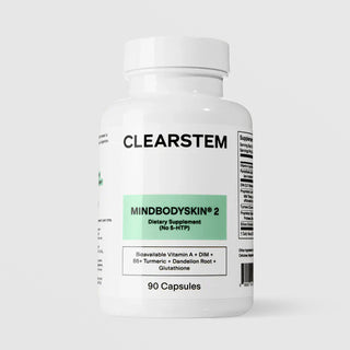 CLEARSTEM MINDBODYSKIN 2 Hormonal Acne Dietary Supplement 90 capsules without 5-HTP featuring Vitamin A, DIM, B5, Turmeric, and Glutathione on grey background.