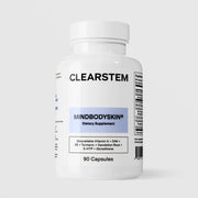 CLEARSTEM MINDBODYSKIN Hormonal Acne Dietary Supplement 90 capsules with Vitamin A, DIM, B5, Turmeric, and Glutathione on grey background.
