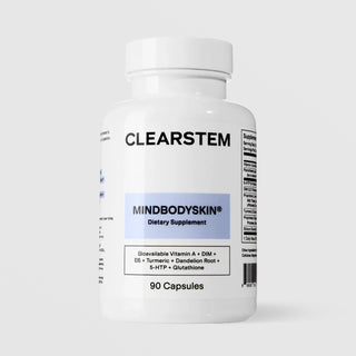 CLEARSTEM MINDBODYSKIN Hormonal Acne Dietary Supplement 90 capsules with Vitamin A, DIM, B5, Turmeric, and Glutathione on grey background.