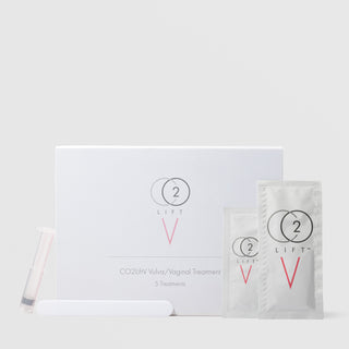 CO2Lift V Vulva Vaginal Treatment System white retail box with two silver foil packets and applicator, 5-treatment carboxy gel intimate rejuvenation kit