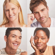 Four models with diverse skin tones wearing Colorescience Total Protection No-Show Mineral Sunscreen SPF50 demonstrating the product's invisible finish across fair, medium, tan and deep complexions