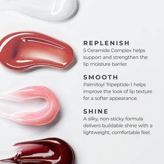 Le Mieux Ceramide Lip Glaze benefits: ceramide complex replenishes, peptide smooths, non-sticky buildable shine