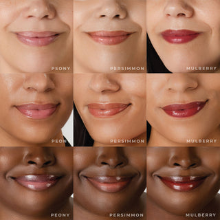 Le Mieux Ceramide Lip Glaze in Peony, Persimmon, and Mulberry shades shown on diverse skin tones