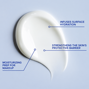 iS Clinical Reparative Moisture Emulsion cream swipe on light blue background with key benefits: infuses surface hydration, strengthens skin's protective barrier, and moisturizing prep for makeup