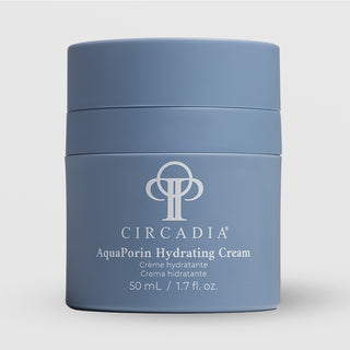 Circadia AquaPorin Hydrating Cream 50mL 1.7 fl oz blue airless jar with lid on light gray background