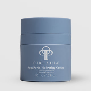 Circadia AquaPorin Hydrating Cream 50mL 1.7 fl oz blue airless jar with lid on light gray background