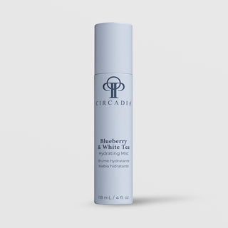 Circadia Blueberry and White Tea Hydrating Mist 118mL 4 fl oz light blue spray bottle on light gray background
