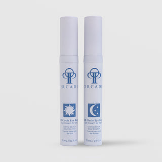Circadia Full Circle Eye Repair Day and Night Eye Cream duo two white 15mL 0.5 fl oz airless pump tubes with sun and moon icons on light gray 