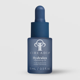 Circadia Hydralox Hydrating Oil 15mL 0.5 fl oz dark blue dropper bottle on light gray background