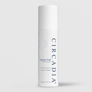 Circadia Vitamin Veil Cleansing Oil 198ml in white pump bottle with navy blue text for gentle makeup removal and skin nourishment