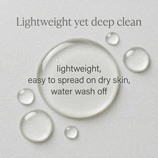 ORGAID Cleansing Oil lightweight deep clean benefit graphic with clear water droplets showing lightweight easy-spread water-washoff formula