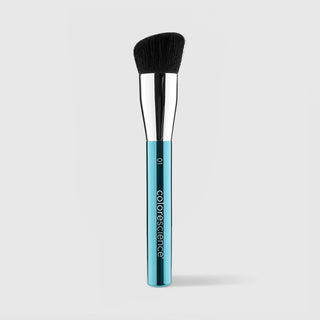 Colorescience Angled Face Brush 01 with teal handle, silver ferrule and dense angled black bristles