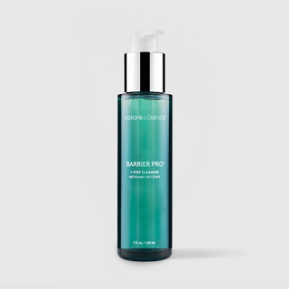 Colorescience Barrier Pro 1-Step Cleanser teal glass pump bottle with silver pump, 5 fl oz 150ml