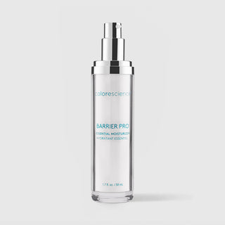 Colorescience Barrier Pro Essential Moisturizer clear glass pump bottle with silver nozzle exposed, 1.7 fl oz 50ml